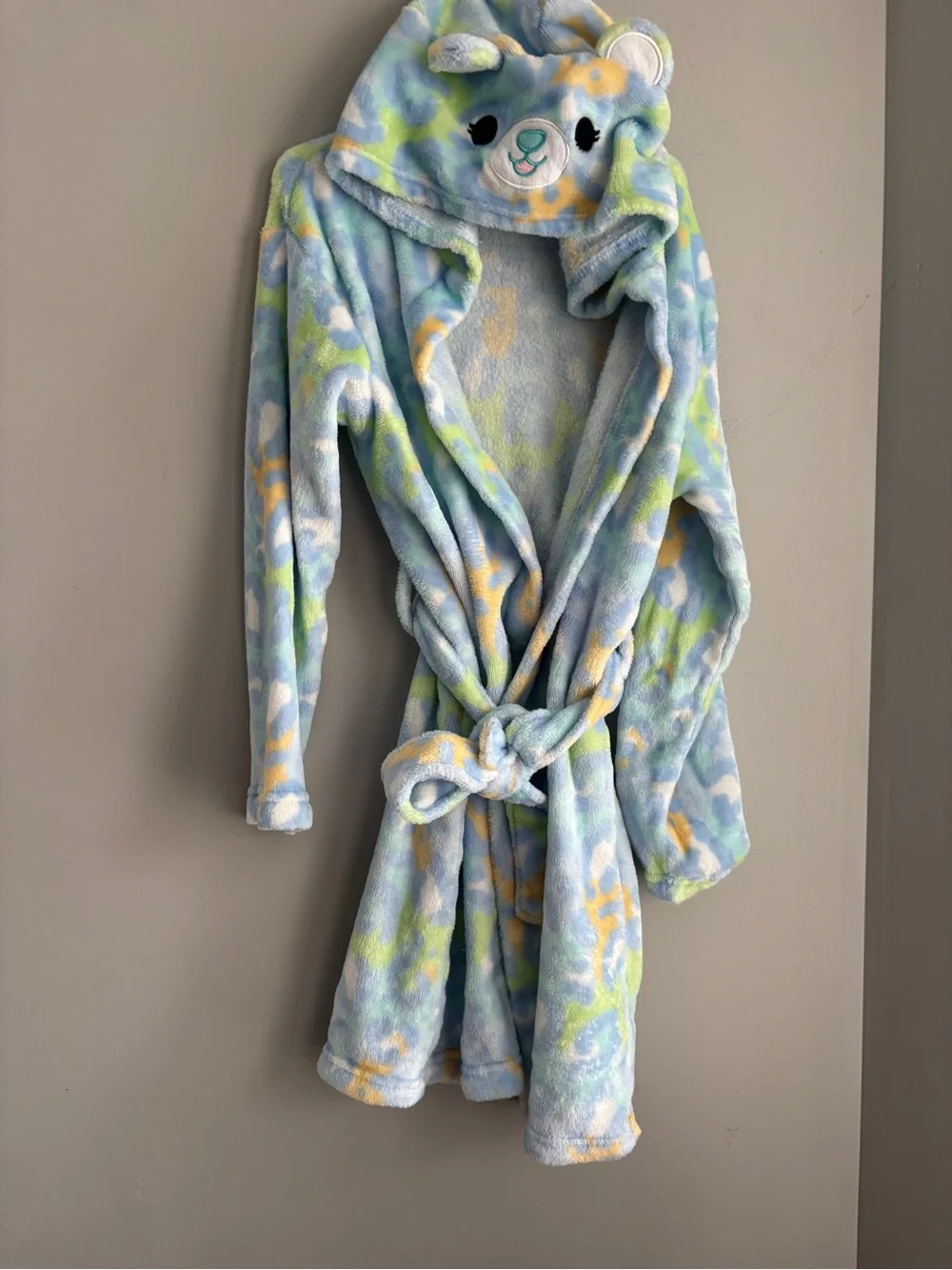 Squishmallows Pastel Blue Bear Hooded Robe with Yellow & Green Accents